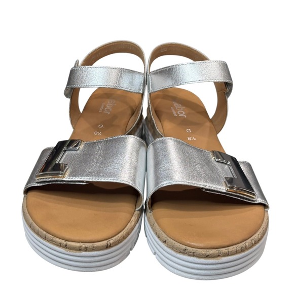 Gabor Shout Platform Wedge Sandals 8.5 Metallic Silver Leather Summer Comfort - Picture 5 of 14